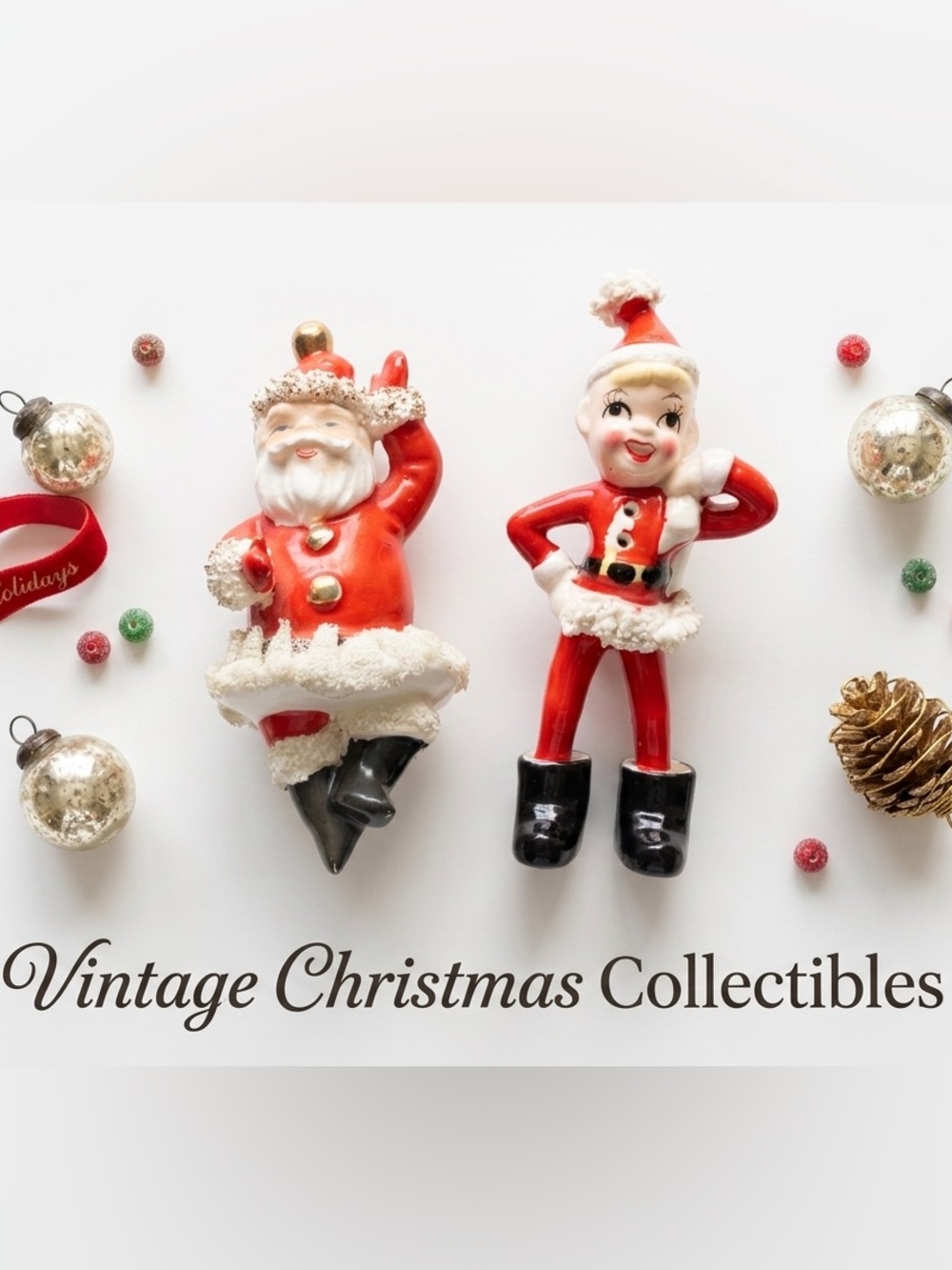 Vintage Ceramic Christmas Pixie Elf & Santa Claus Figurines Spaghetti Trim Set